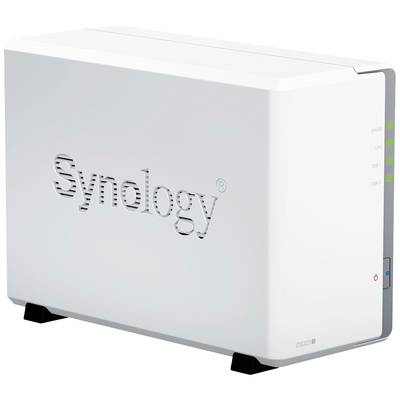 Un boîtier NAS Synology blanc avec le numéro de modèle DS220j. Il est équipé de plusieurs voyants d'état sur le côté droit.