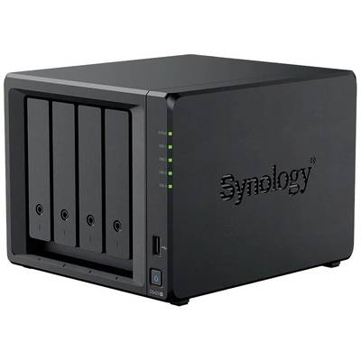 Serveur NAS noir à quatre baies, avec des voyants LED lumineux et le logo de la marque sur le côté. Il est utilisé pour le stockage et la gestion des données.