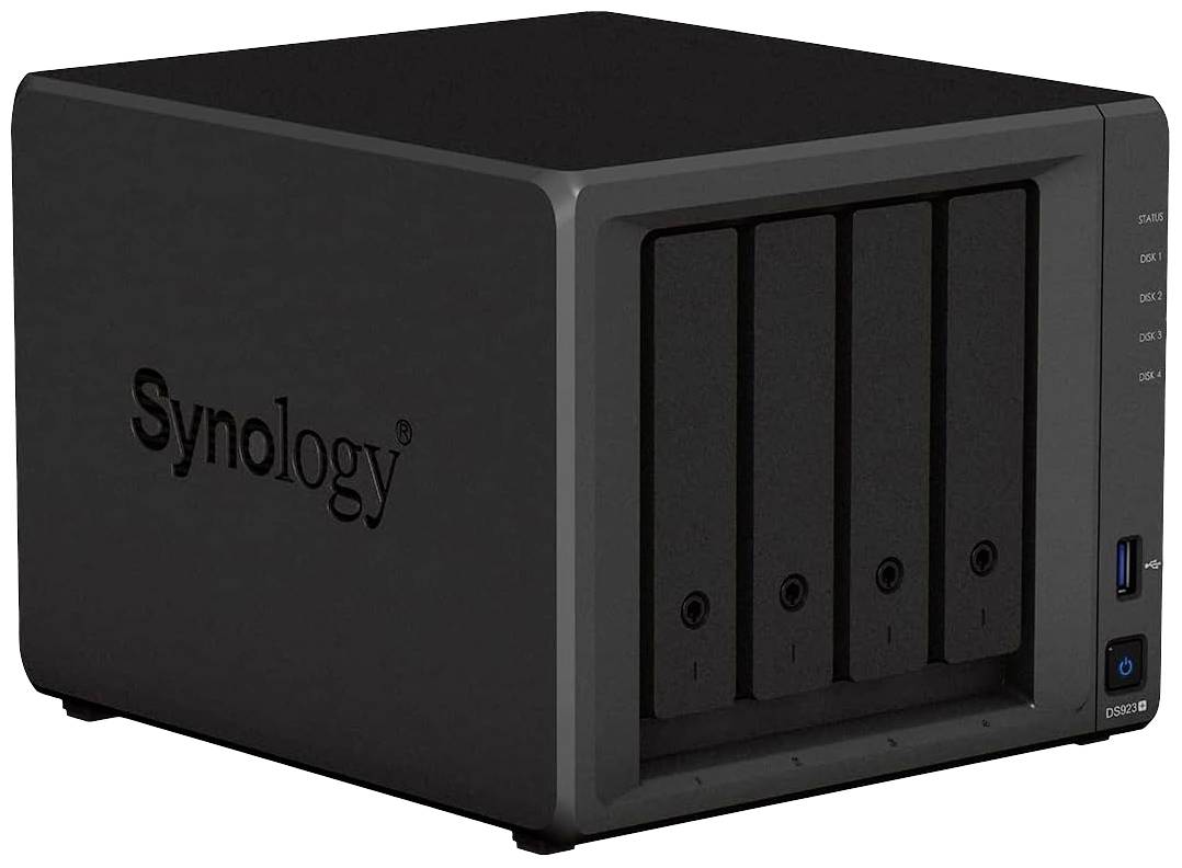 Appareil NAS Synology noir à quatre baies, adapté au stockage et à la gestion de données dans un environnement domestique ou de bureau.