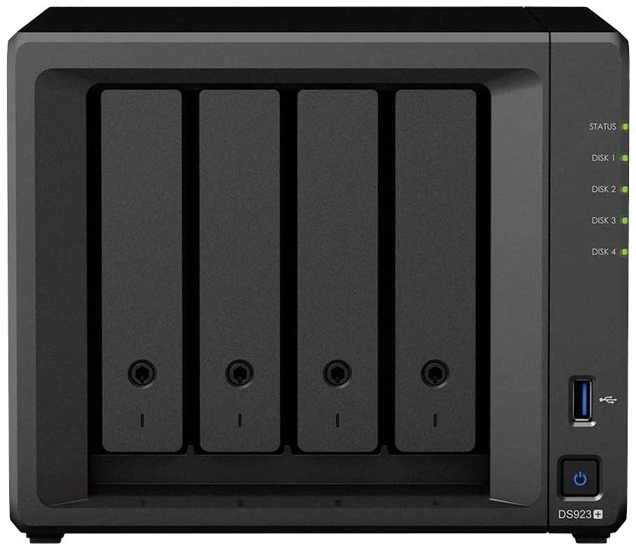 Un périphérique NAS avec quatre baies de disques durs et des voyants d'état LED. Il offre capacité de stockage et gestion de données pour les réseaux.