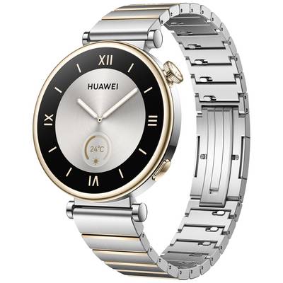 Une élégante montre connectée en argent avec un cadran rond et un bord doré, affichant une température de 24°C.