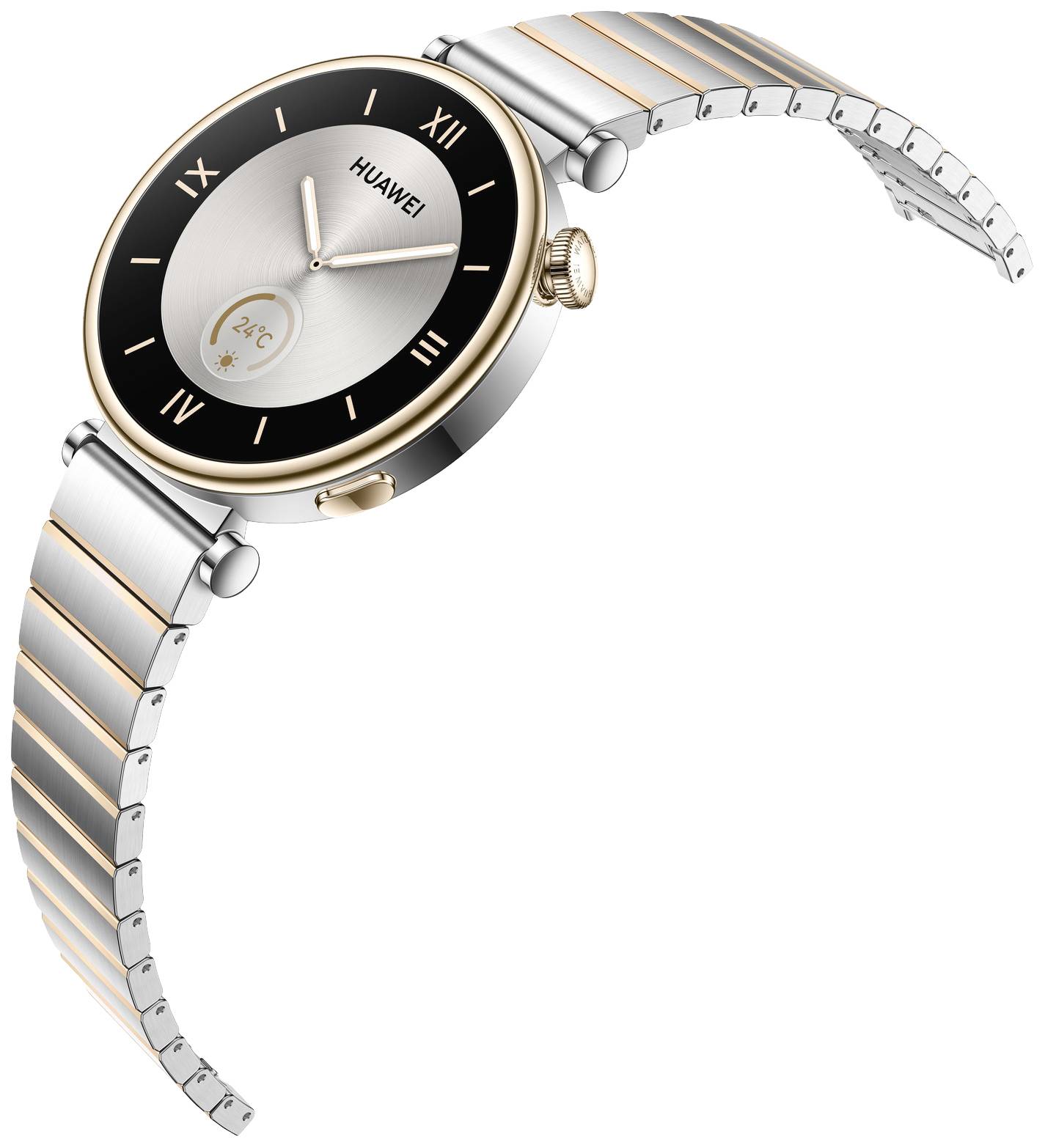 Une montre connectée élégante avec un cadran rond, des chiffres romains et un bracelet bicolore argent et or.