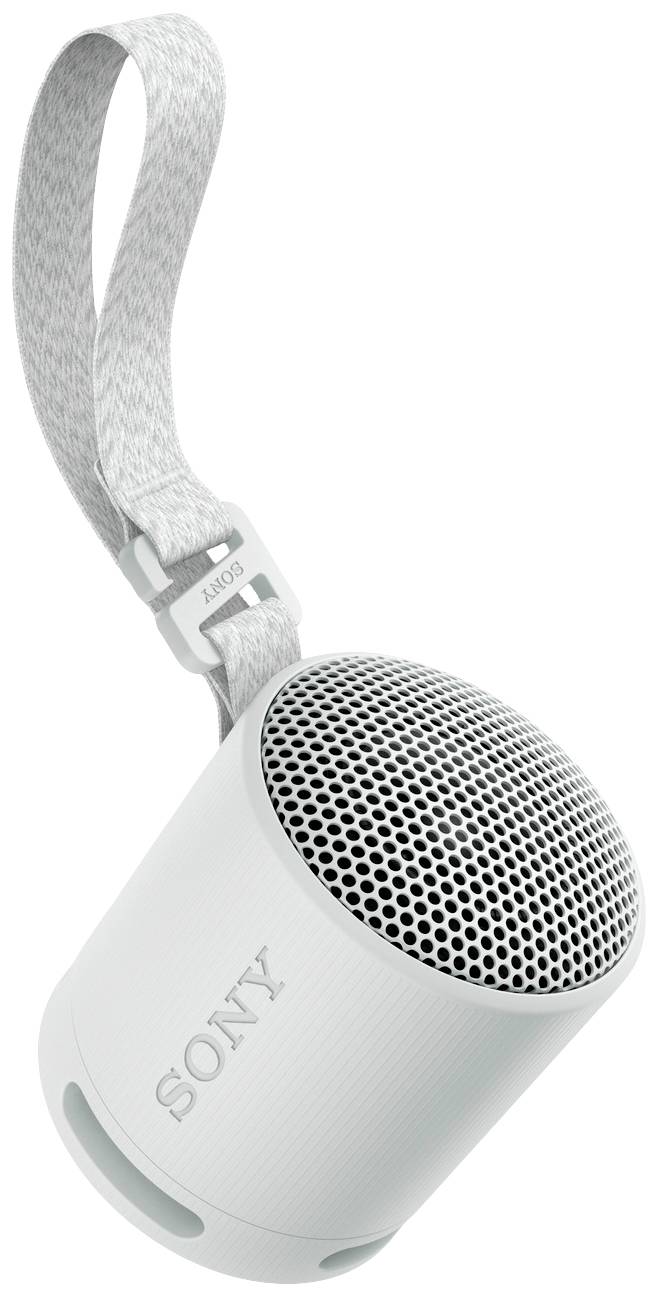 Haut-parleur portable blanc de Sony avec une boucle en tissu pour suspendre ou transporter.