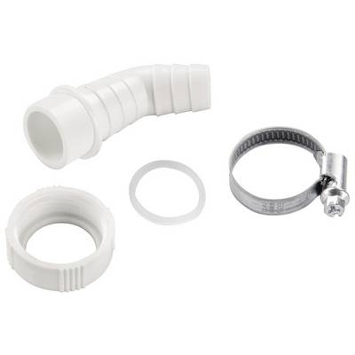 Un adaptateur de raccordement d'eau blanc en plastique avec un collier de serrage métallique, un joint et un écrou de fixation, le tout sur un fond blanc.