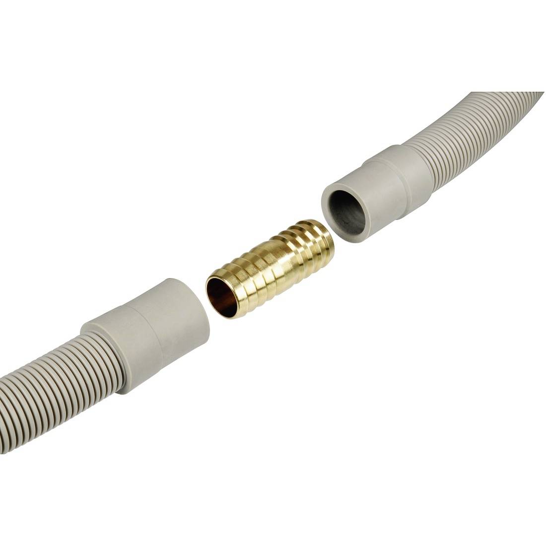 Un tuyau flexible gris avec un raccord doré au milieu, prêt à être installé.