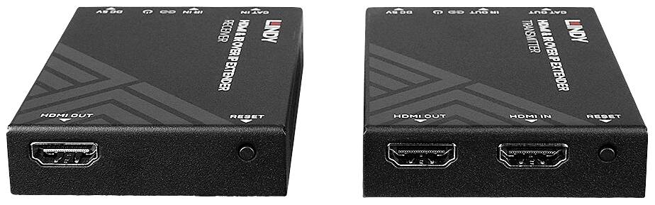 Deux dispositifs d'extension HDMI noirs de Lindy, chacun avec des ports et des inscriptions « HDMI OUT » et « HDMI IN » visibles.