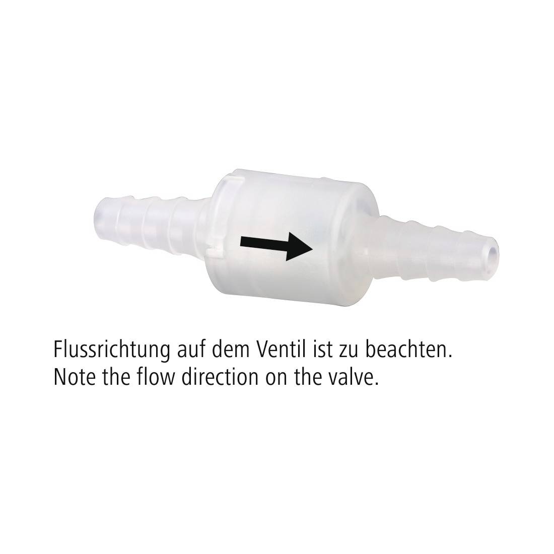 'Une valve transparente avec une flèche indiquant le sens de l'écoulement. Texte : Respecter le sens de l'écoulement sur la valve.'