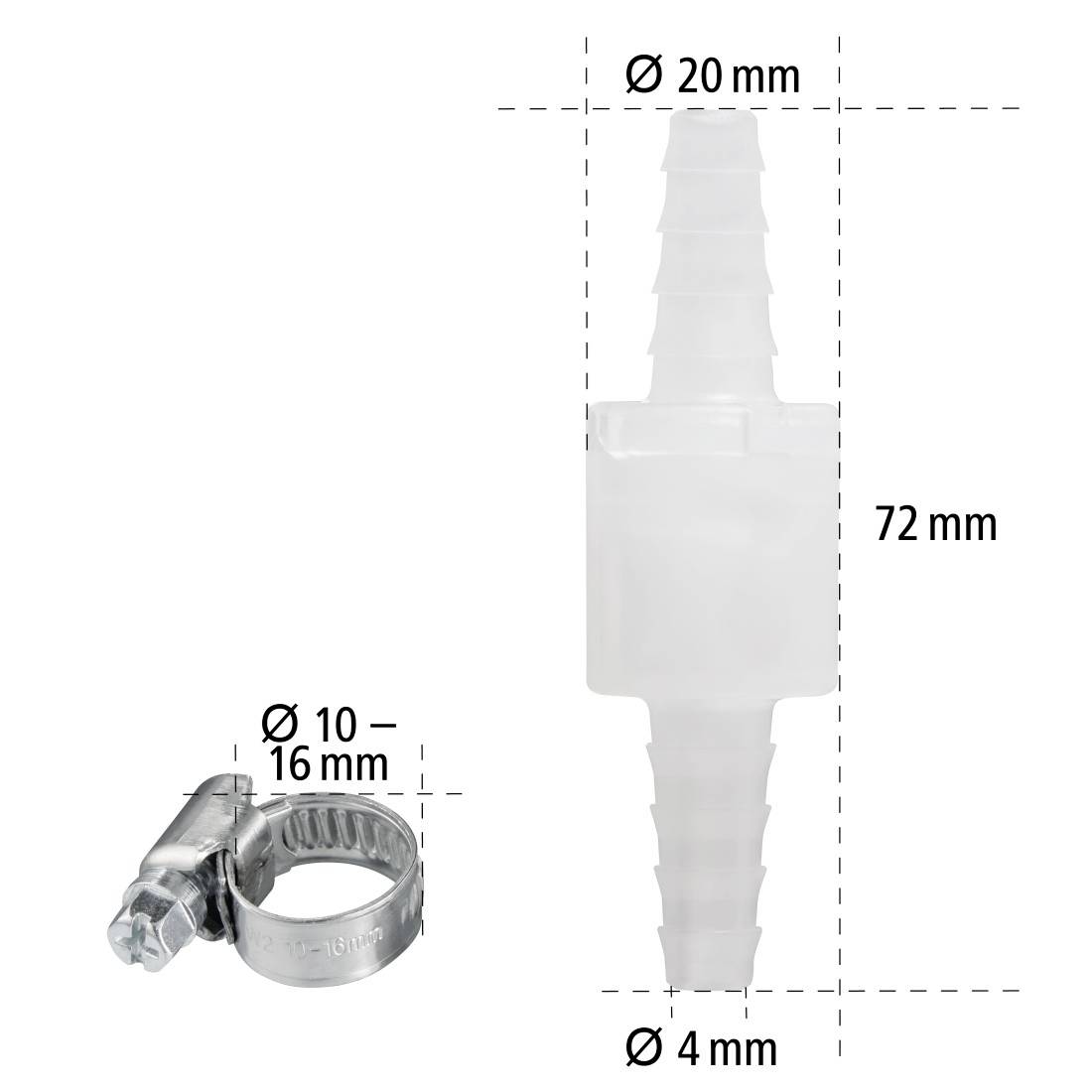 Sont représentés un connecteur de tuyau transparent avec ses dimensions (longueur 72 mm, diamètres de 20 mm et 4 mm) et un collier de serrage métallique (diamètre 10-16 mm).