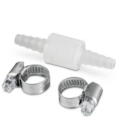 Une vanne anti-retour blanche en plastique, équipée de deux colliers de serrage métalliques pour le raccordement à des tuyaux, est visible.