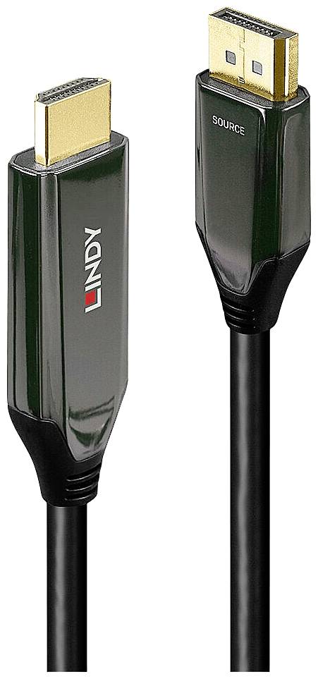 Câble HDMI/DisplayPort de Lindy avec deux types de connecteurs : HDMI à gauche, DisplayPort à droite, noir brillant, contacts mis en valeur.