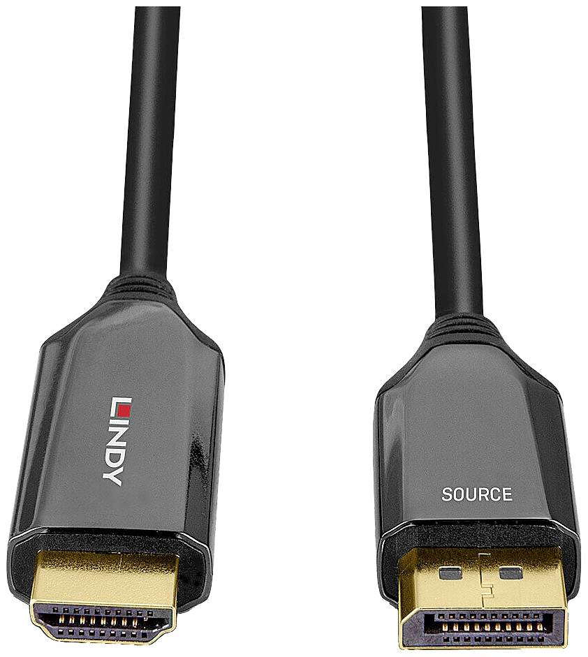 Deux fiches HDMI avec des contacts dorés. La fiche de gauche affiche le logo 'LINDY', celle de droite est étiquetée 'SOURCE'.