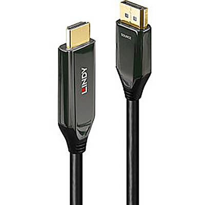 Deux câbles HDMI noirs avec des connecteurs dorés, dont l'un porte le logo "Lindy", montrent leurs extrémités avec différents types de connexions.