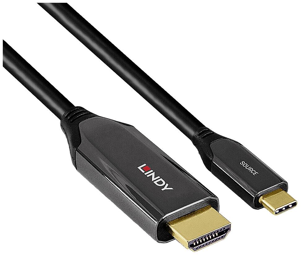 Un câble noir avec des connecteurs HDMI et USB-C de Lindy. Le connecteur HDMI sert à se connecter à un écran.