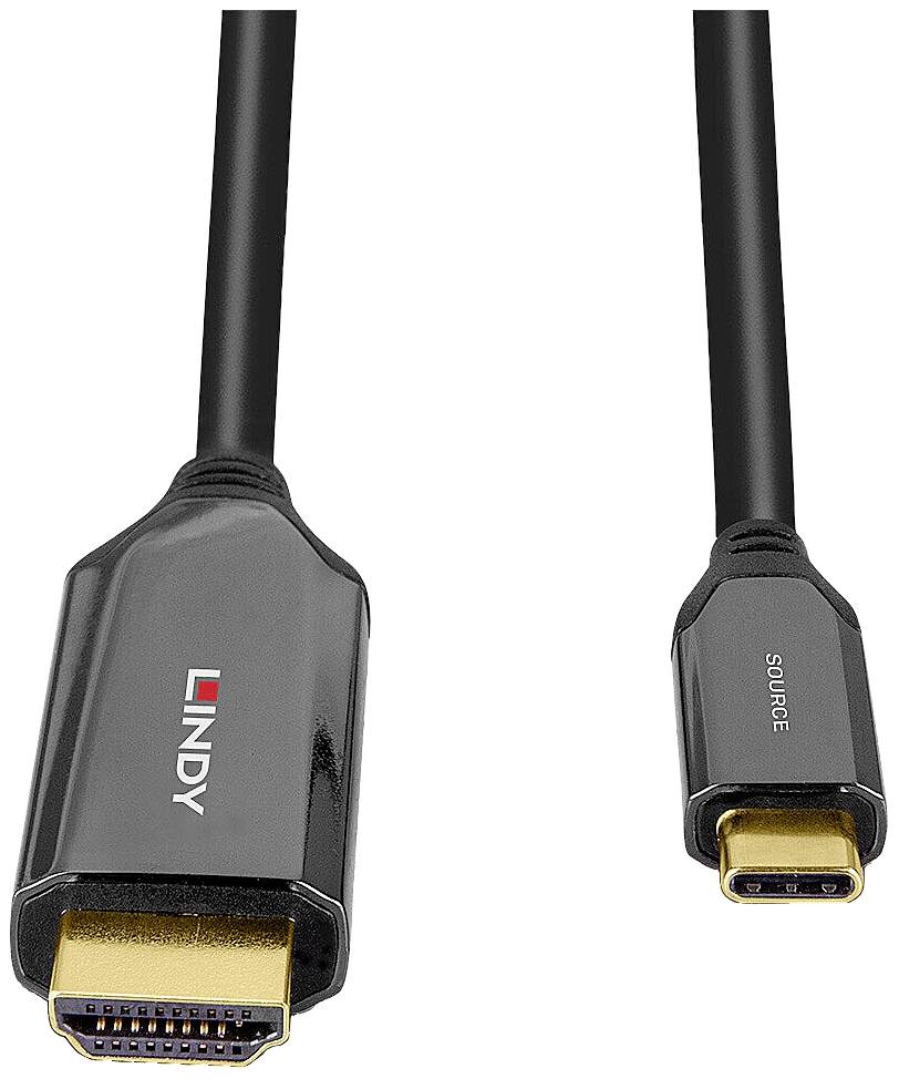 Deux fiches de câble : À gauche, une fiche HDMI, à droite, une fiche USB-C. Le nom de marque 'Lindy' est visible sur la fiche HDMI.