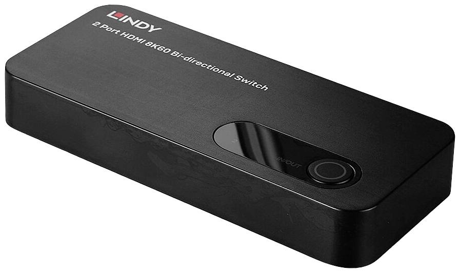 Commutateur HDMI noir à deux ports, nom de marque 'Lindy' en haut à gauche.