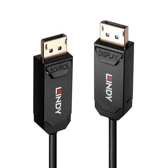 Câble DisplayPort de LINDY. Connecteur gauche portant l'inscription 'SOURCE', connecteur droit portant l'inscription 'DISPLAY'. Les deux connecteurs sont noirs.
