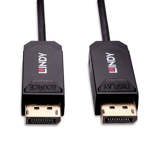 Deux câbles DisplayPort noirs avec des connecteurs dorés. L'un est étiqueté « Source », l'autre « Display ».