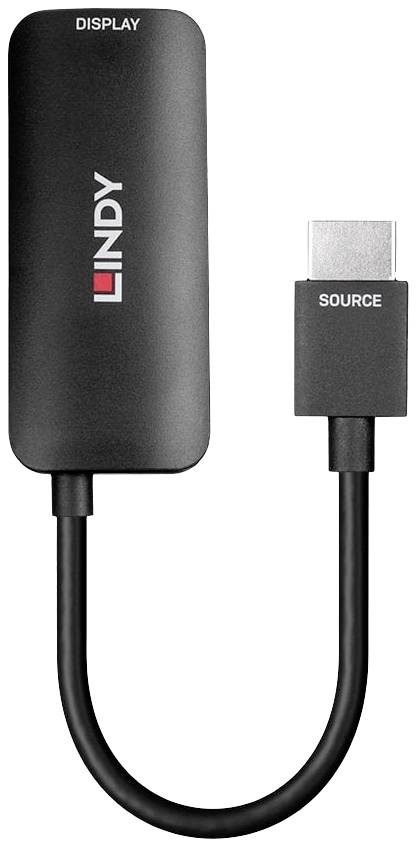 Adaptateur Lindy avec connexions HDMI et écran, noir, conçu pour relier des appareils avec différentes interfaces.