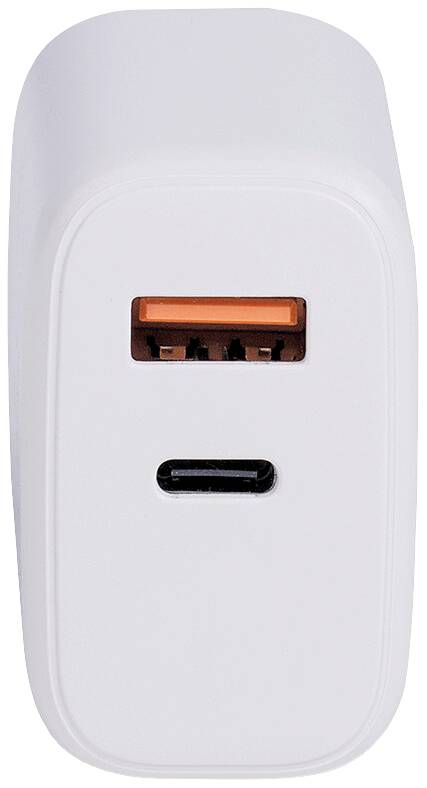 Chargeur USB blanc avec un port USB-A orange et un port USB-C en dessous.