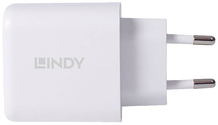 Un chargeur USB blanc avec une fiche européenne et un logo 'LINDY'.