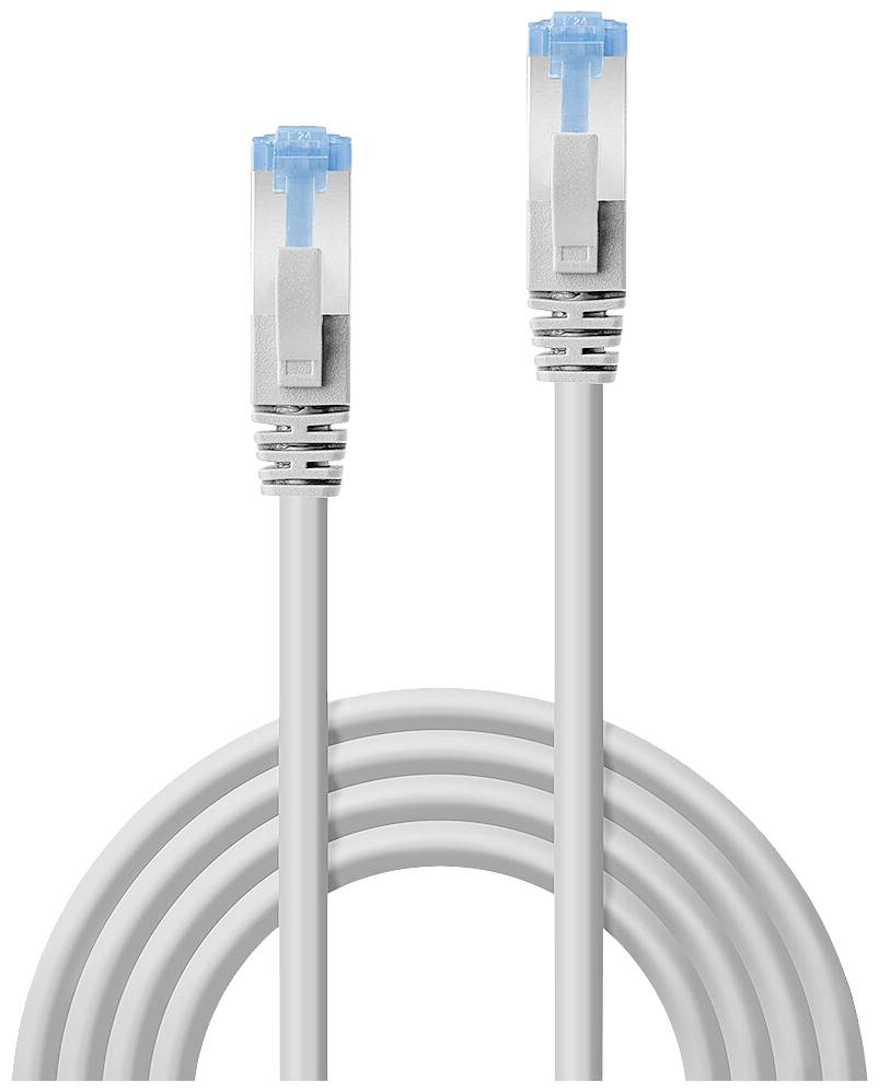 Un câble Ethernet gris avec des connecteurs RJ45 bleus, enroulé et prêt à établir une connexion réseau.