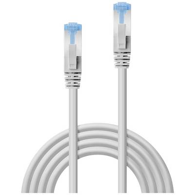 Un câble réseau gris avec des connecteurs bleu transparent aux deux extrémités, présenté enroulé.