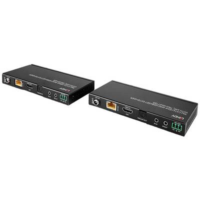 Deux prolongateurs HDMI noirs avec des connecteurs et des étiquettes sur le dessus, idéaux pour étendre les signaux vidéo et audio.