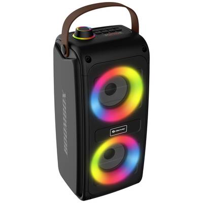 Enceinte portable avec des lumières LED colorées autour des haut-parleurs, boîtier gris foncé, poignée en cuir. Les commandes sont situées sur le dessus.