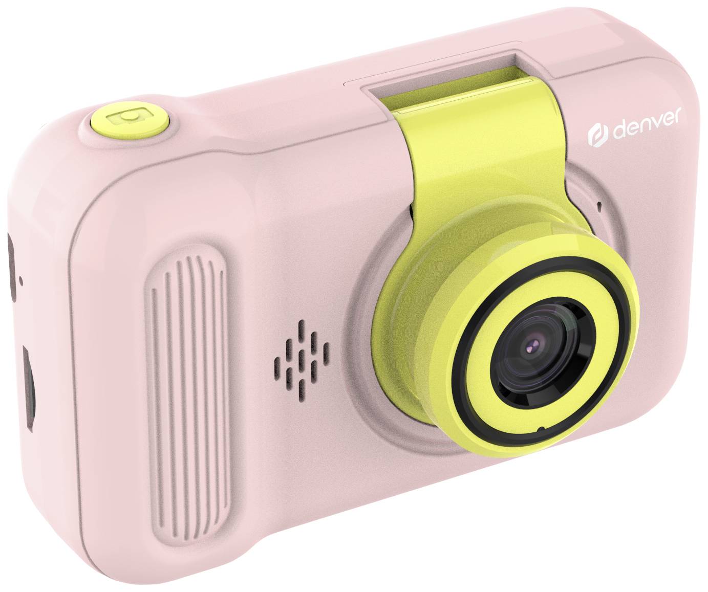 Un appareil photo rose avec un objectif jaune, adapté aux enfants. Il dispose de commandes simples et d'un design robuste.