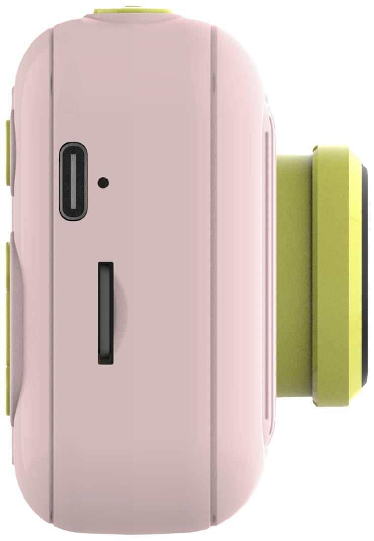 Un appareil photo compact rose, photographié de côté, avec un objectif jaune et un connecteur noir.