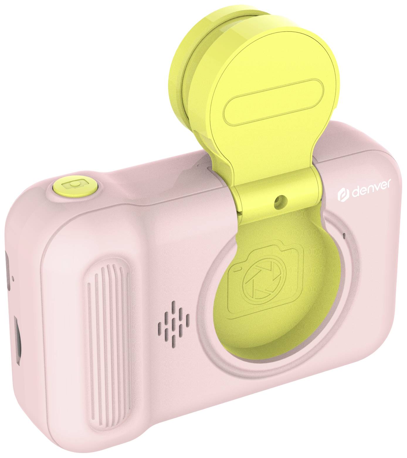 Appareil photo Rosa avec un capuchon d'objectif jaune, ouverture pour haut-parleur et bouton marche/arrêt.