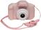 Un appareil photo rose pour enfants avec un objectif blanc et une lanière de transport rose.