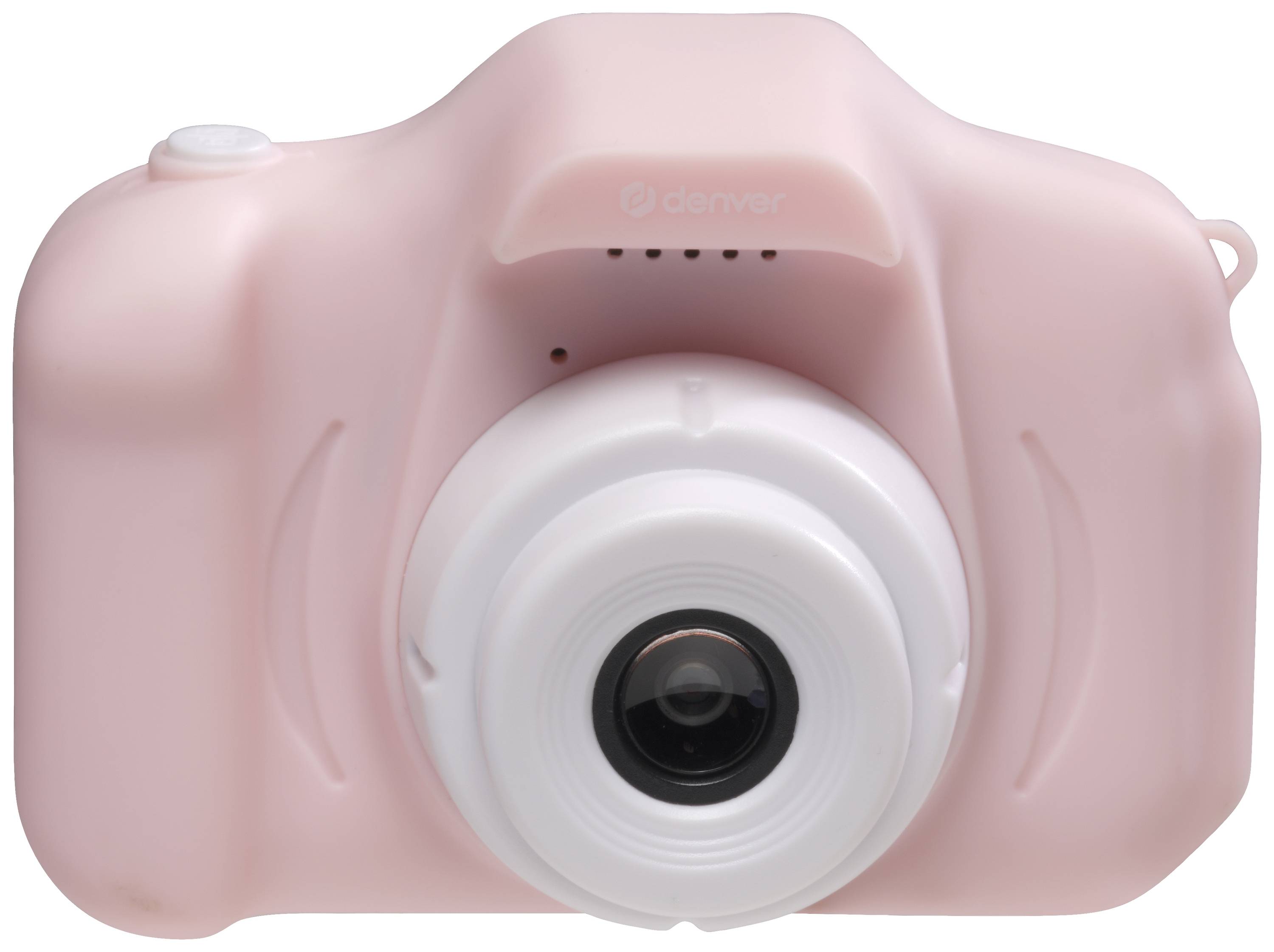 Appareil photo jouet rose avec un grand objectif au centre, adapté aux enfants.