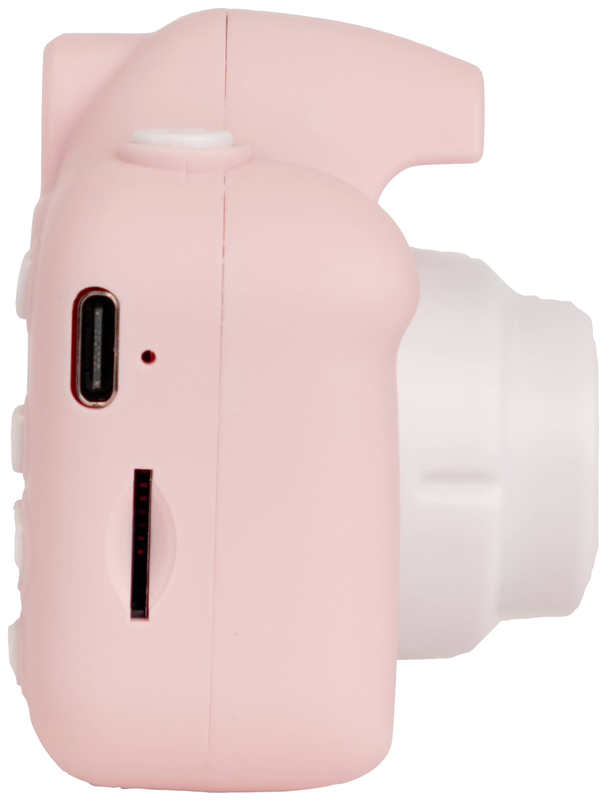 Un appareil photo instantané rose vu de côté, avec port micro-USB et emplacement pour carte mémoire visibles.