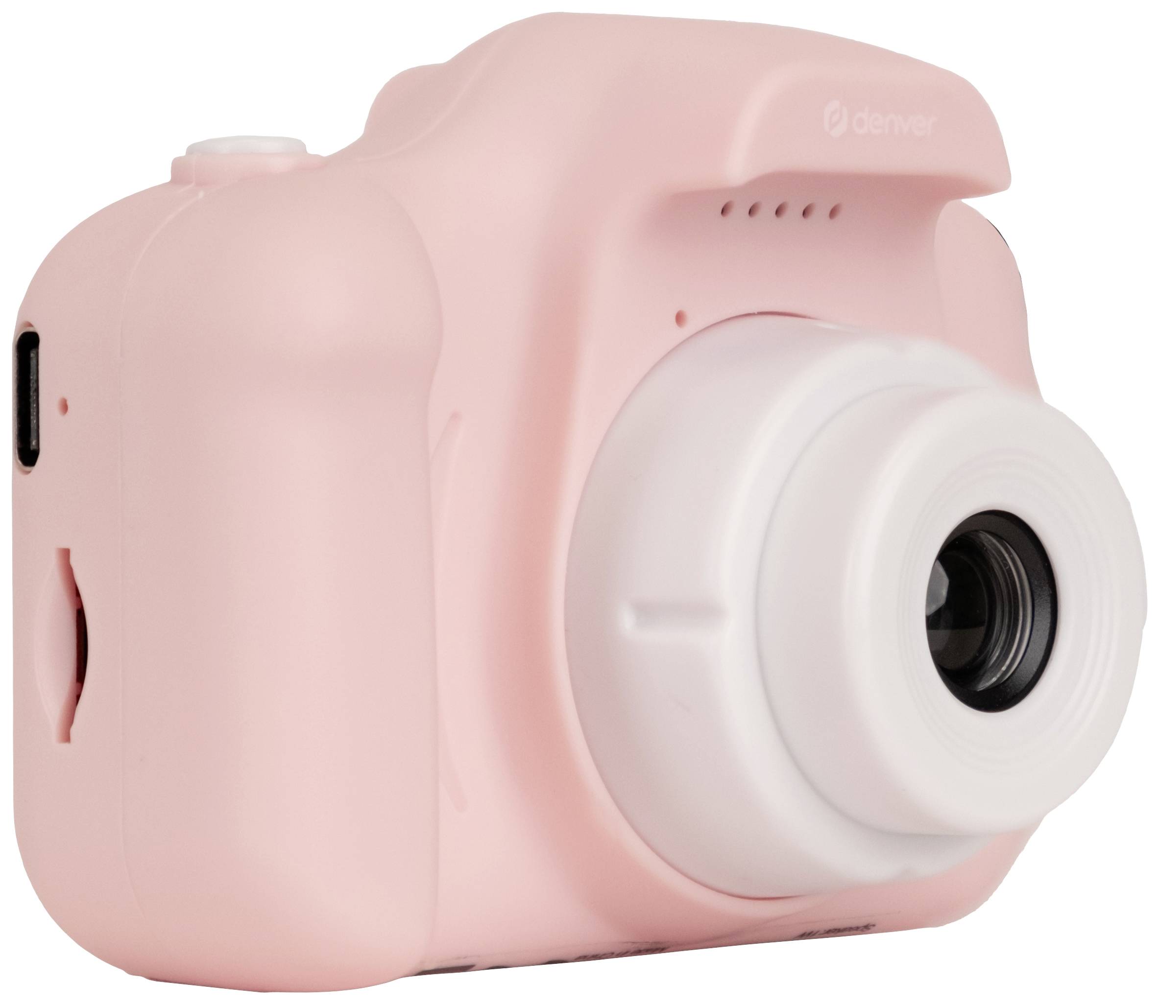 Un appareil photo instantané rose vu en perspective, montrant l'objectif et quelques commandes.
