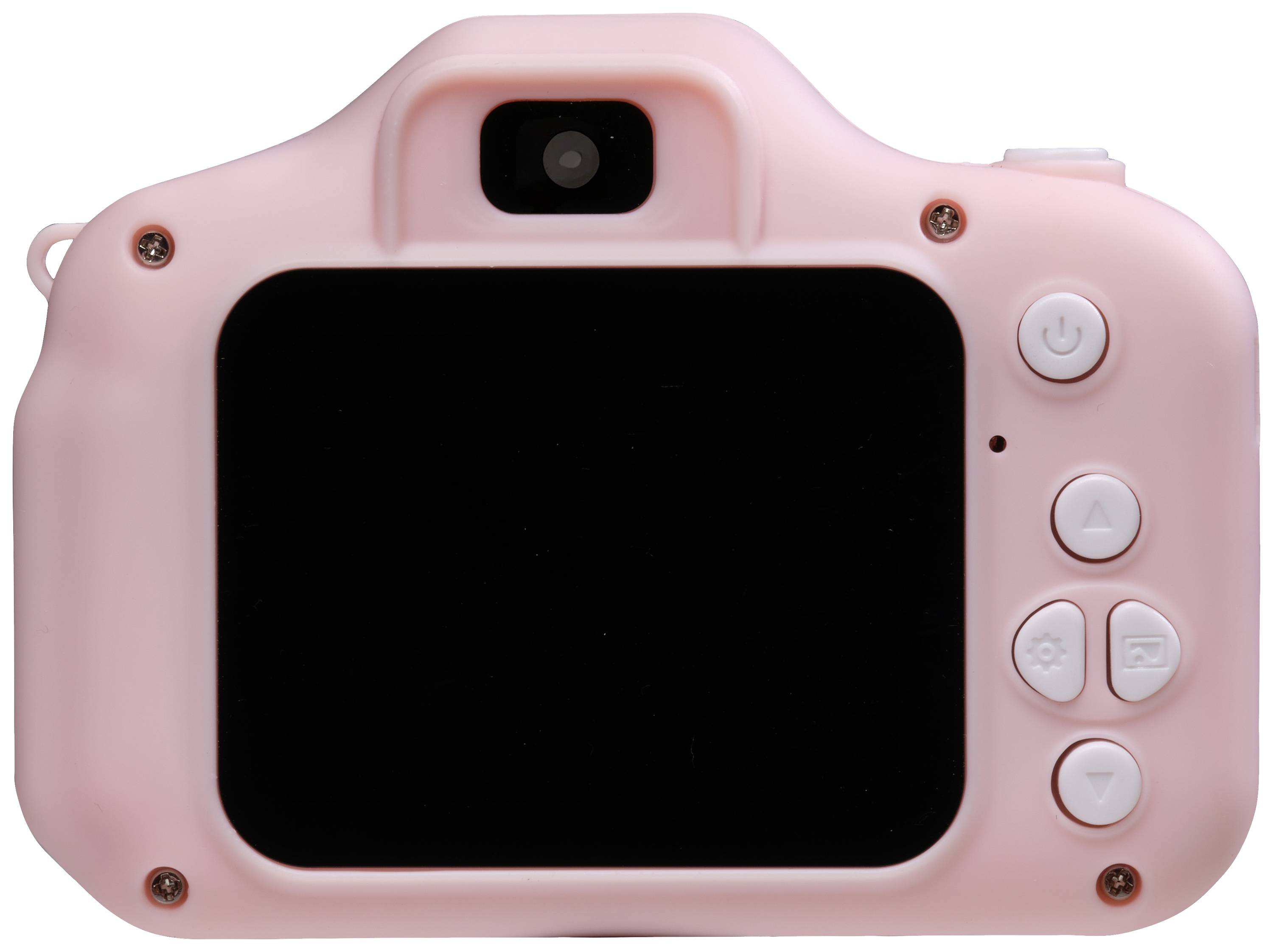 Le dos d'un appareil photo numérique rose avec un grand écran et cinq touches blanches à sa droite.