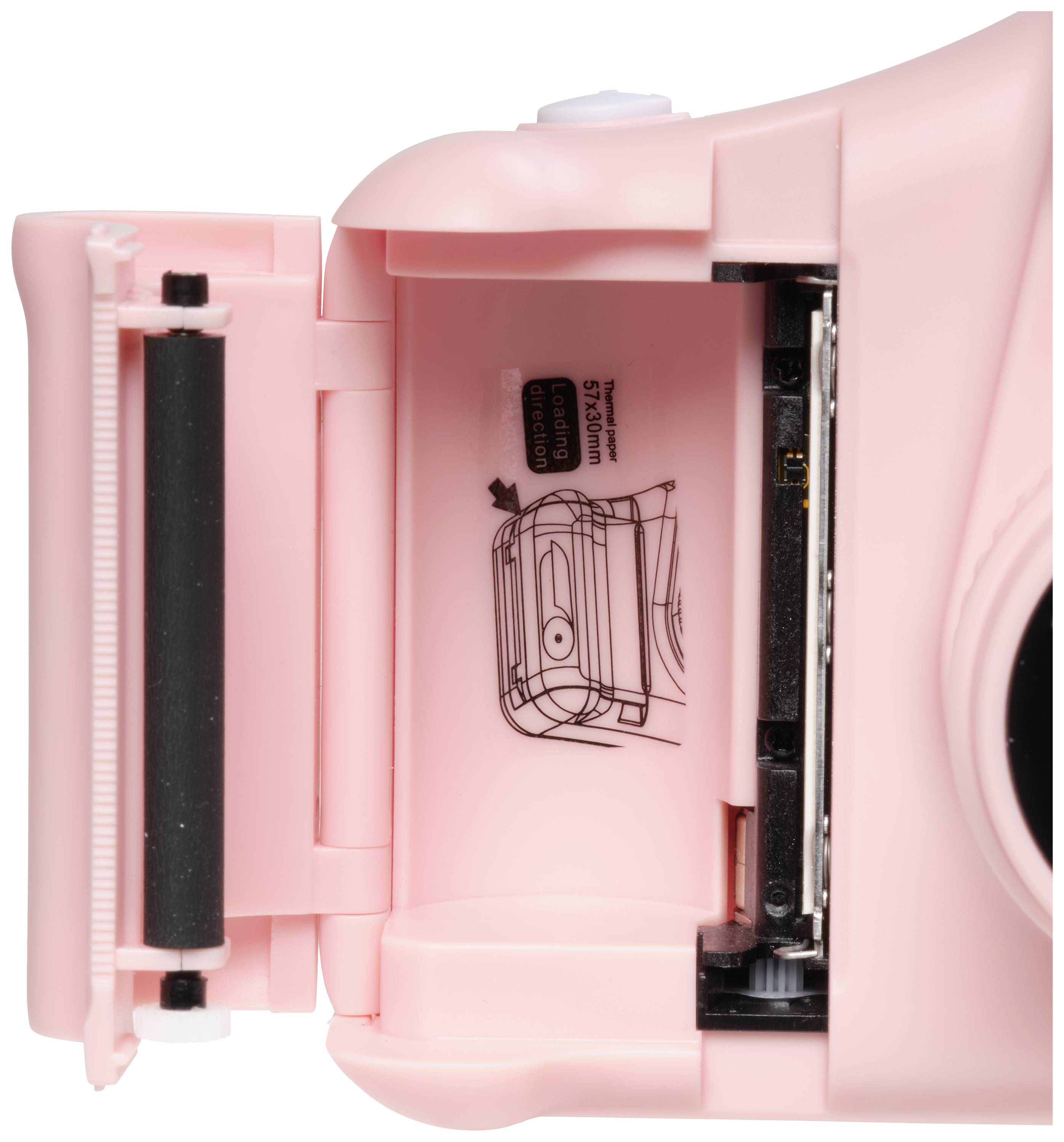 Un appareil photo instantané rose ouvert montre l'intérieur, où le film est inséré, avec un schéma illustrant le placement correct du film.