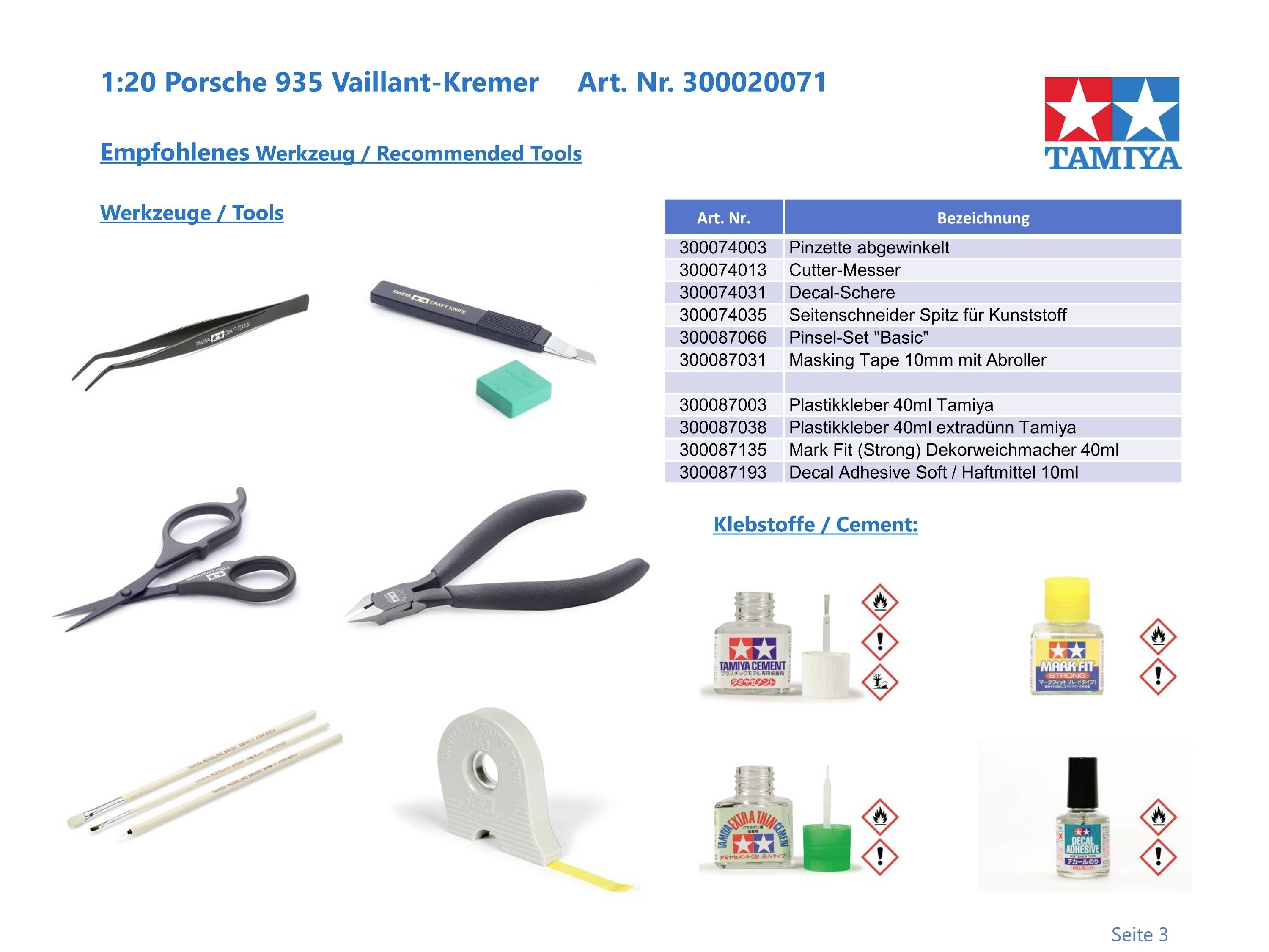 'Outils recommandés pour la maquette Porsche 935 Vaillant-Kremer à l'échelle 1:20 : Pince à épiler, couteau, pince coupante, colle. Kits de modélisme de Tamiya.'