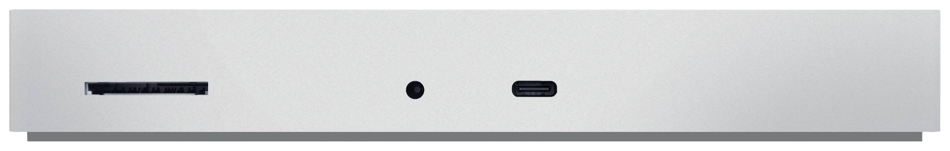 Un panneau de connexion d'ordinateur avec un emplacement pour carte SD, une prise jack de 3,5 mm et un port USB-C, vu de face.