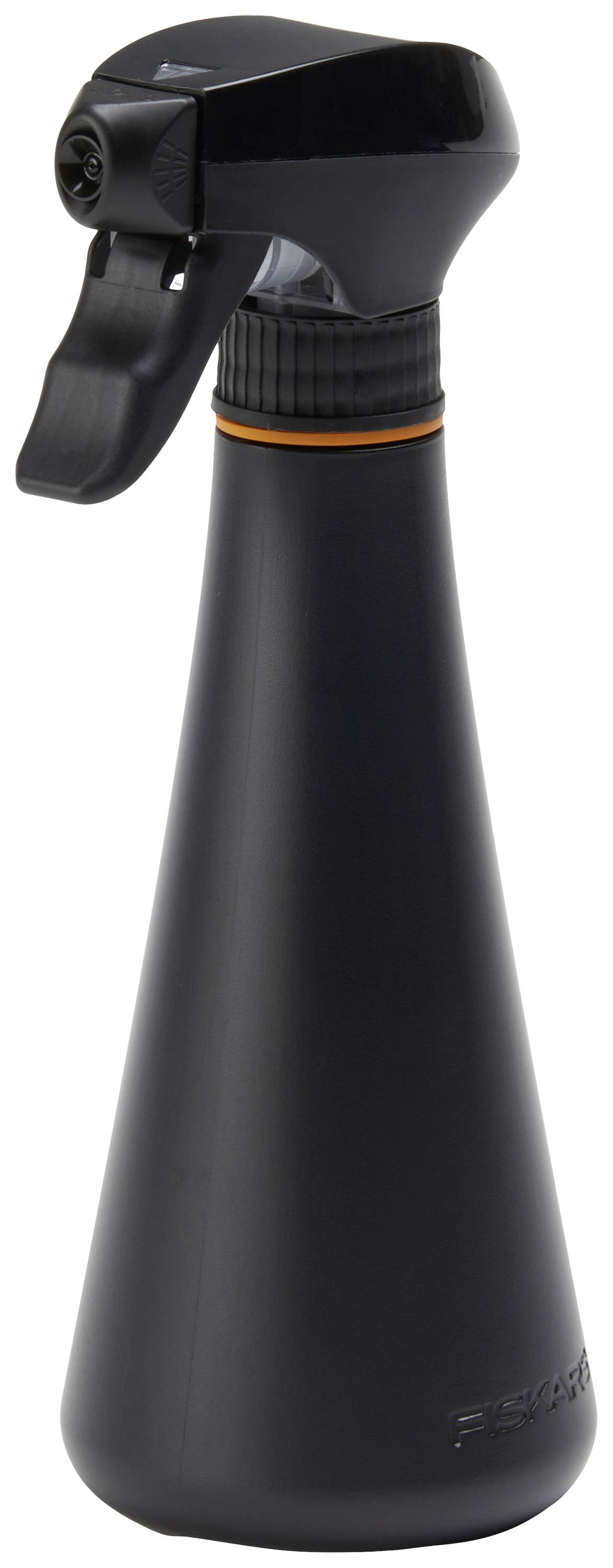 'Un flacon pulvérisateur noir avec une poignée ergonomique et un design étroit et conique.'