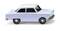 Une petite voiture jouet bleu clair avec un toit blanc et des roues noires, représentée de profil sur un fond blanc.