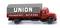 Camion-jouet au toit gris et à la cabine rouge. Sur le côté est inscrit 'UNION TRANSPORT-ENTREPRISES'.