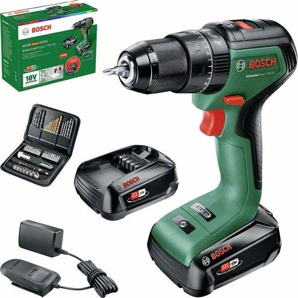 Ensemble de perceuse-visseuse sans fil Bosch : comprend une perceuse-visseuse sans fil verte, une station de charge, une batterie et un set de forets. Adapté aux projets de bricolage.