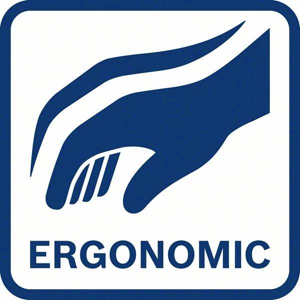 Le symbole présente une main stylisée accompagnée du mot 'Ergonomic', suggérant une conception ou une fonctionnalité ergonomique.