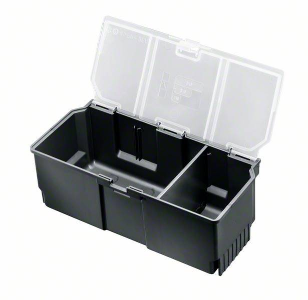 Boîte de rangement noire avec couvercle transparent, ouverte, deux compartiments intérieurs de taille égale.
