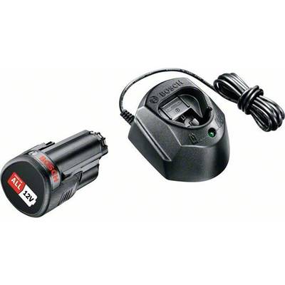 Chargeur de batterie et batterie 12V de la marque Bosch. Le chargeur affiche l'état de charge. La batterie est adaptée aux outils électriques.