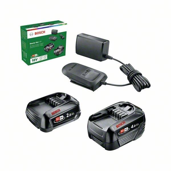 Ensemble chargeur de batterie avec deux batteries (2,0 Ah & 4,0 Ah) et chargeur. Emballage avec le logo Bosch en arrière-plan. Pour appareils 18V.