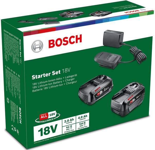 Ensemble de démarrage Bosch 18V montrant un chargeur, un adaptateur secteur et deux batteries lithium-ion évaluées à 2,0 Ah et 4,0 Ah.