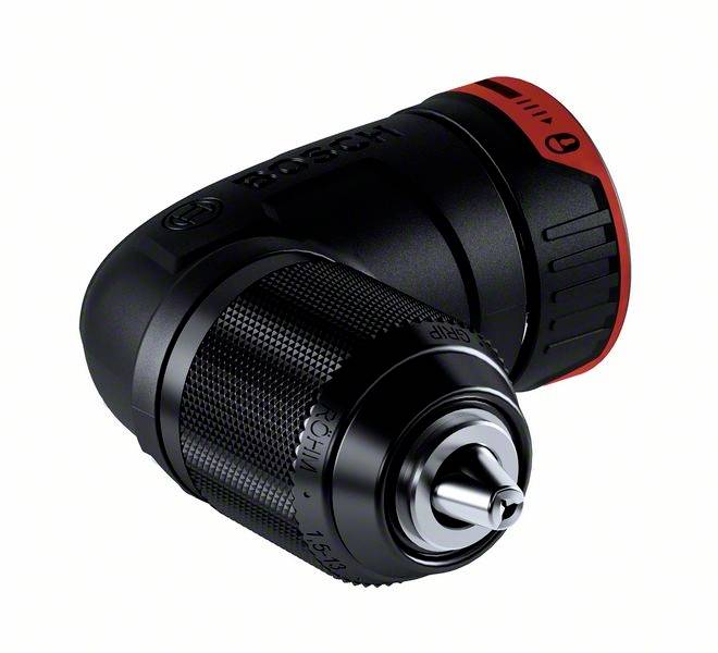 Un mandrin noir coudé avec un accent rouge. Design compact, probablement un accessoire pour perceuses.
