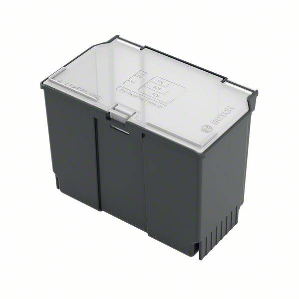 Boîte en plastique grise rectangulaire avec un couvercle transparent sur lequel sont visibles des interrupteurs et des éléments textuels. Fonction ou usage non identifiable.